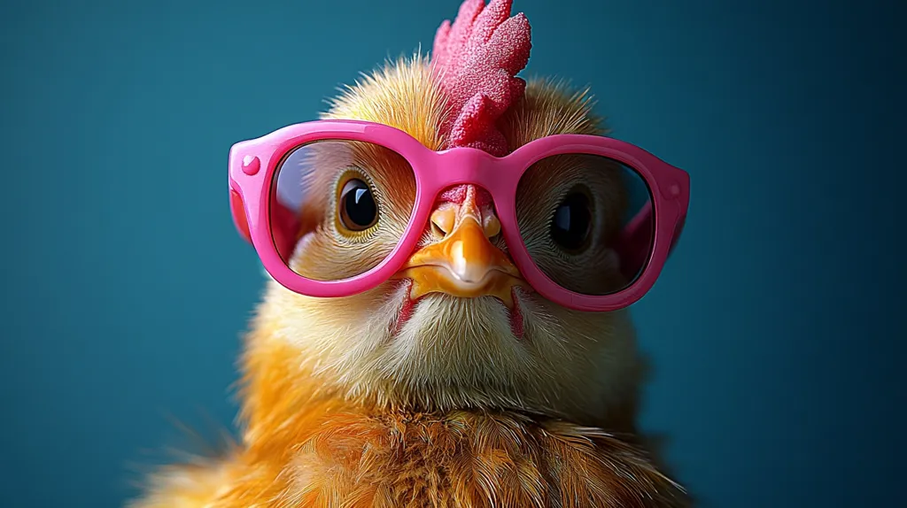 A close-up shot reveals a fluffy, light brown chick sporting oversized, bright pink sunglasses.  Its dark eyes peer out from behind the frames, and its small beak is slightly open. The chick's red comb is visible atop its head.  The background is a deep teal, providing a stark contrast to the chick's light plumage and vibrant accessories. The overall image is humorous and endearing.