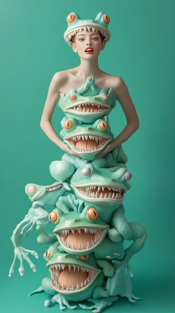 A woman models a whimsical dress constructed entirely of stacked, grinning frogs.  The frogs are teal and have exaggerated teeth. She also wears a frog headpiece. The overall effect is surreal and playful, set against a matching teal background. The image is striking and memorable due to its unusual and creative design.