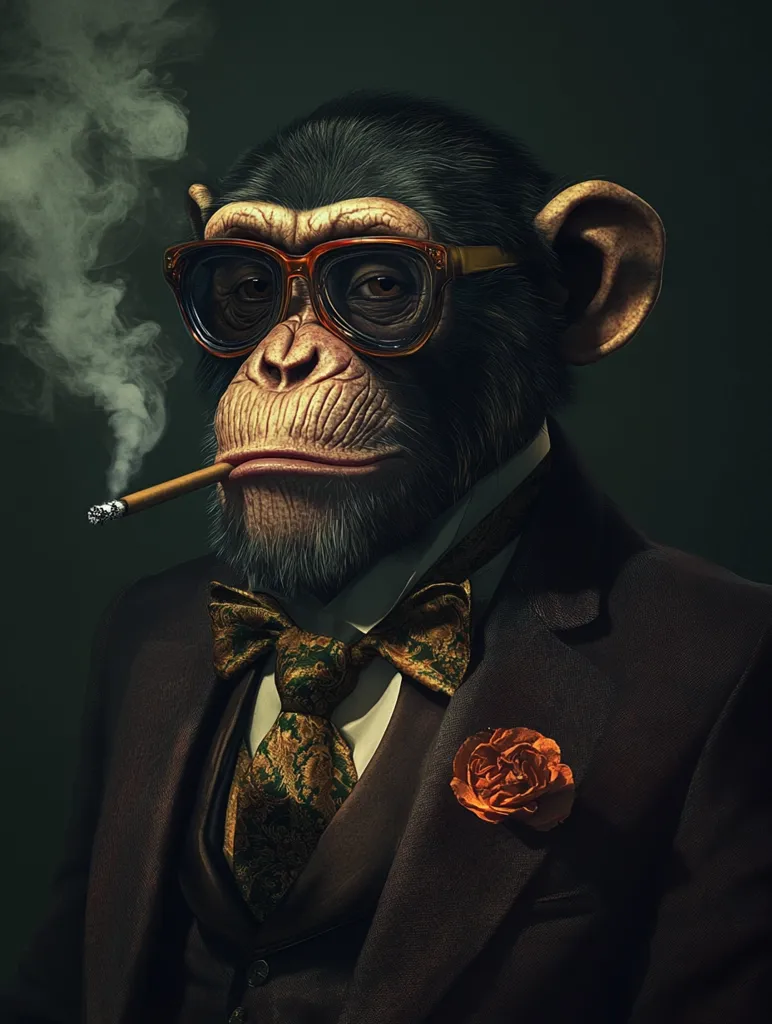 A sophisticated chimpanzee, depicted in a meticulously rendered portrait, exudes an air of suave sophistication.  He's dressed in a dark brown three-piece suit, complete with a bow tie and patterned tie.  A single orange rose adorns his lapel, adding a touch of color.  He sports stylish glasses and nonchalantly holds a cigar, smoke curling around his head.  The image's dark background enhances the subject's distinguished appearance.