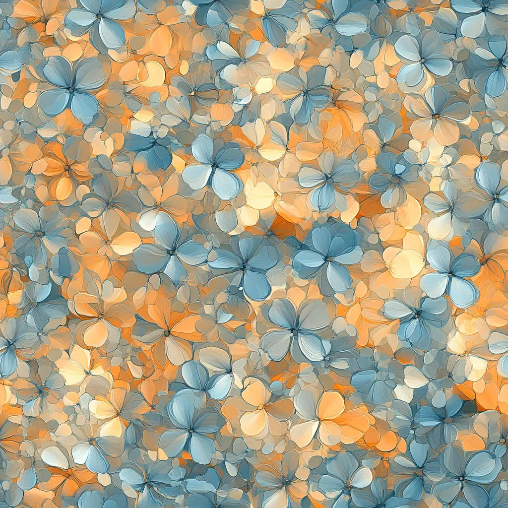 A densely packed floral pattern showcases a multitude of stylized flowers in soft, pastel hues.  Blues and oranges blend seamlessly, creating a calming and dreamy effect.  The flowers, rendered with a painterly technique,  overlap and intermingle, resulting in a rich textural appearance. The overall impression is one of delicate beauty and subtle sophistication.