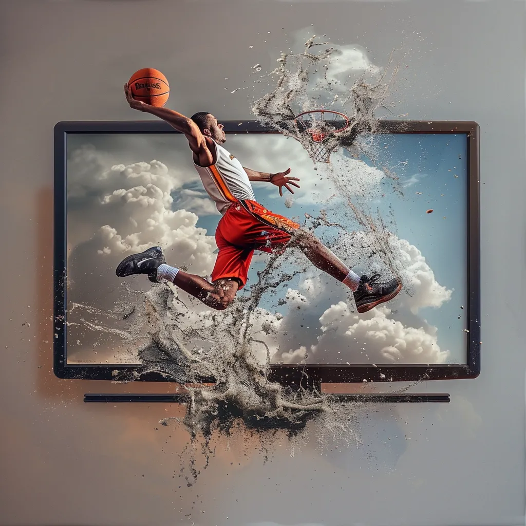 A basketball player, mid-air during a powerful dunk, bursts from a television screen.  The image is a dynamic composite, showcasing the player against a backdrop of a cloudy sky.  Water-like particles erupt from the screen as the athlete seemingly leaps into reality, capturing the intensity and excitement of the game. The overall effect is surreal and visually striking.