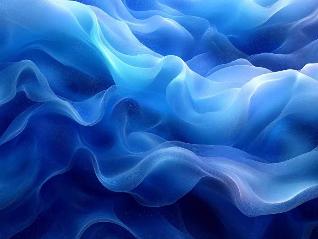 The image showcases a mesmerizing abstract composition of flowing, translucent blue fabric.  The sheer material creates a sense of depth and movement, with soft, undulating waves and subtle variations in shade.  The overall effect is ethereal and calming, reminiscent of water or smoke.  The texture is visible, adding to the rich visual experience.