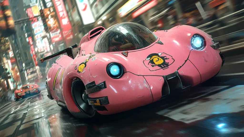 A vibrant pink, futuristic race car speeds through a rain-slicked city street at night.  The car is adorned with whimsical graffiti and shows signs of wear, adding to its unique character.  Blurred neon lights and city buildings create a dynamic backdrop, enhancing the sense of speed and energy.  Another car is visible in the distance, adding depth to the scene.