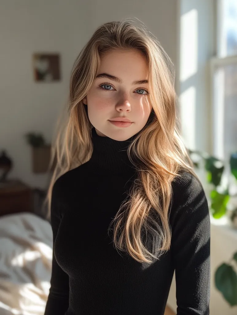 A young woman with long, wavy blonde hair wears a black turtleneck sweater.  Sunlight streams through a nearby window, illuminating her face and highlighting her light eyes and fair complexion. She looks directly at the camera with a calm and serene expression. The background is softly blurred, showcasing a bed and plants. The overall mood is peaceful and intimate.