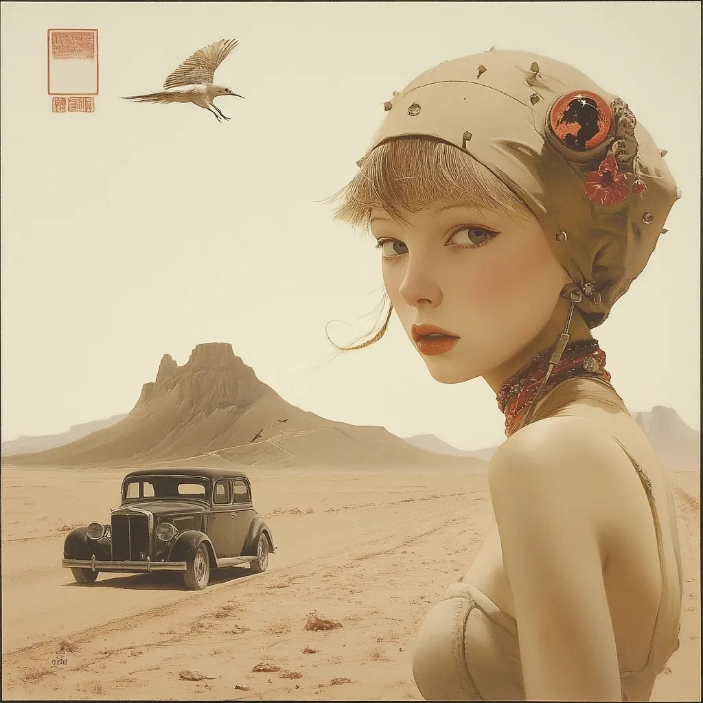 A stylized portrait of a young woman in a desert landscape. She wears a unique, embellished cap and a simple, off-white dress.  A vintage car sits in the distance, adding to the nostalgic atmosphere.  Birds fly overhead, emphasizing the vastness of the arid setting. The overall palette is muted and earthy, creating a serene yet slightly melancholic mood.  The style suggests a blend of Art Deco and surrealism.