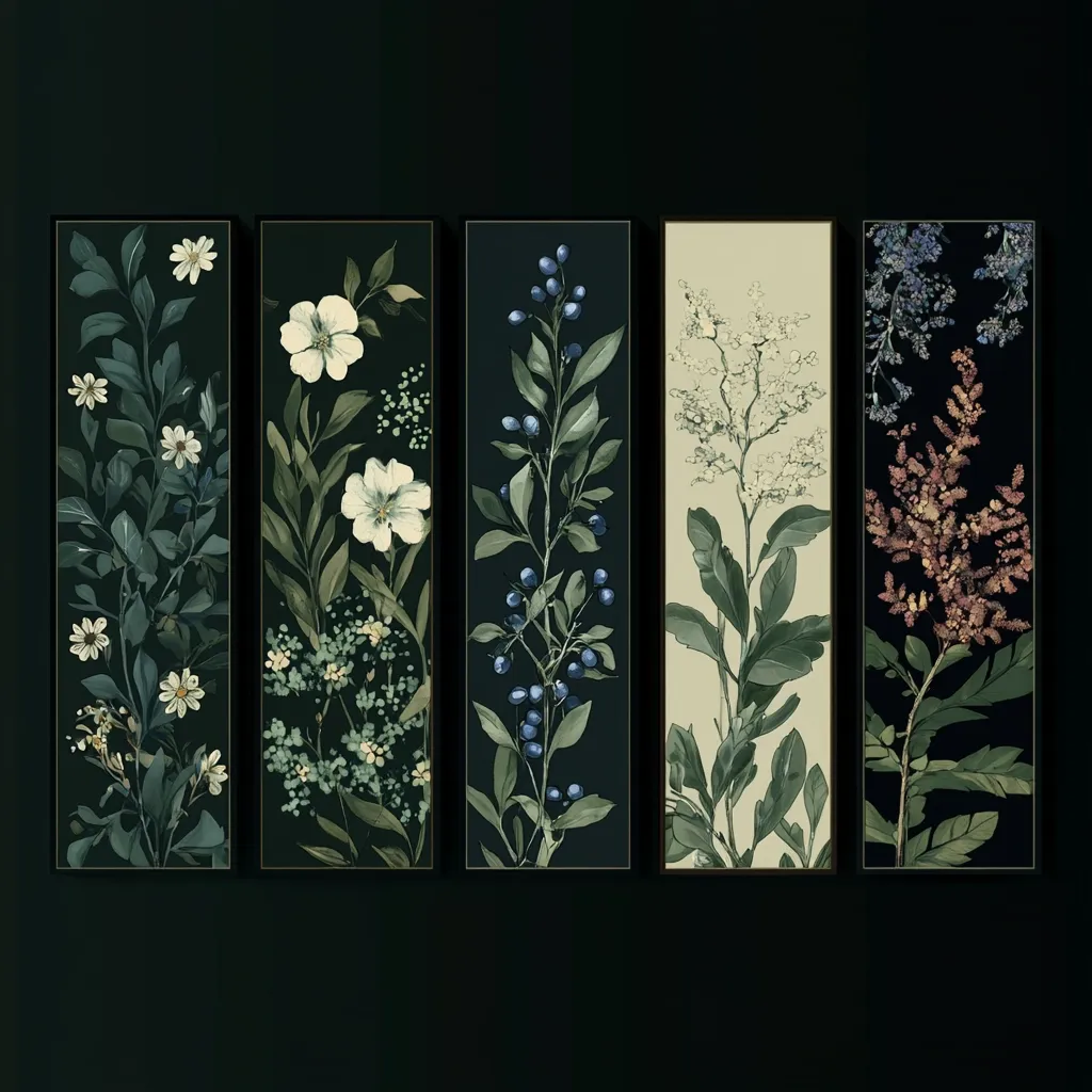 Five vertical framed botanical prints, each depicting a different species of flowering plant or berry bush. The artwork is rendered in muted greens, blues, and whites against dark backgrounds.  The style is reminiscent of vintage botanical illustrations, with a sophisticated and elegant aesthetic.  The prints are arranged side-by-side, creating a cohesive and visually appealing display.