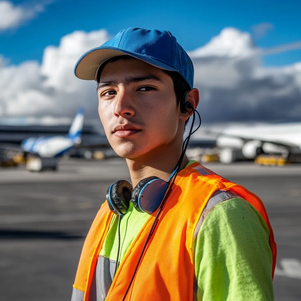 A young man, wearing a bright orange safety vest and blue baseball cap, stands on an airport tarmac.  He's serious, looking directly at the camera. Over-ear headphones hang around his neck.  Airplanes are visible in the blurry background, suggesting his role in airport operations.  The sun is shining, and the sky is mostly clear.