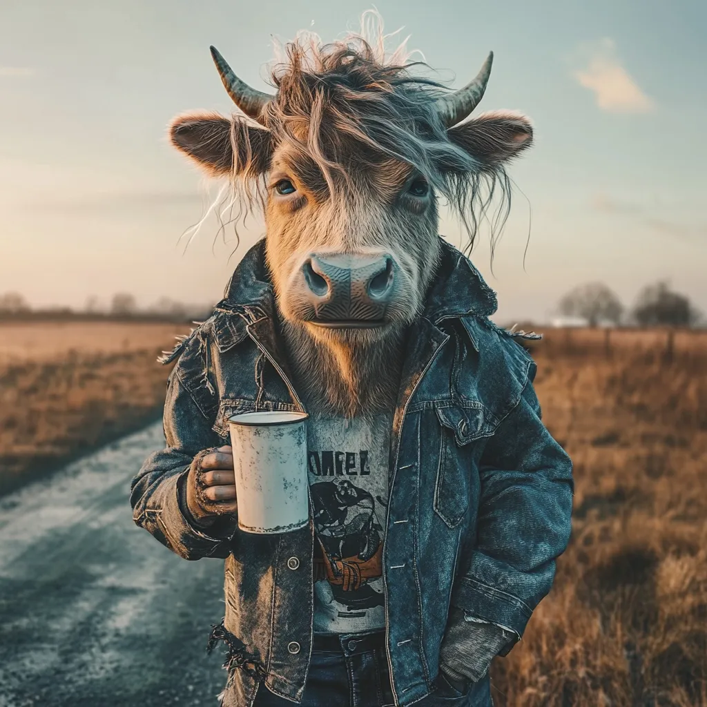 A whimsical image depicts a cow's head seamlessly blended onto a human body.  The cow, with shaggy light brown hair, wears a worn denim jacket and holds a metal mug.  The setting is a rustic countryside road at sunset, adding to the surreal and slightly melancholic mood. The cow's expression is calm and contemplative.