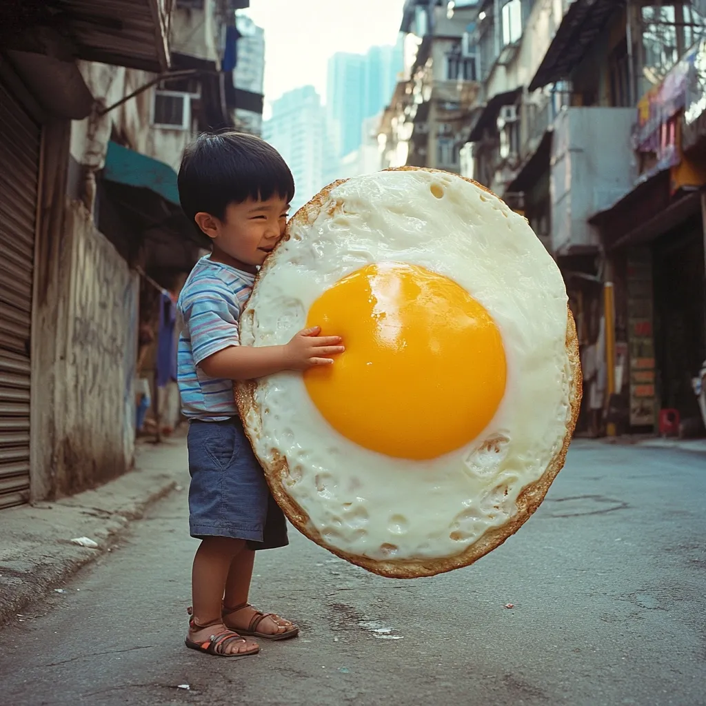A young boy, dressed in a blue and white striped shirt and denim shorts, stands on a city street cradling a giant fried egg. The egg is comically oversized, dwarfing the child. The scene is set against a backdrop of narrow alleyways and older buildings, creating a whimsical juxtaposition of scale and setting. The boy's expression is one of quiet contentment as he holds the enormous breakfast item close.