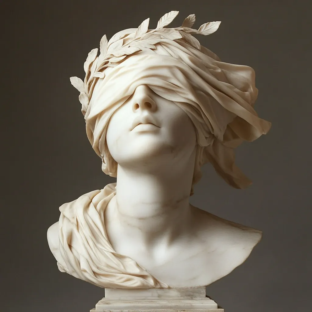 A stunning marble bust depicts a blindfolded female figure, her face serene yet enigmatic.  A flowing drapery envelops her, partially obscuring her form.  A laurel wreath crowns her head, adding to the classical aesthetic.  The sculpture's smooth, polished surface and intricate detailing capture the artist's skill in portraying both vulnerability and strength. The overall effect is one of quiet power and timeless beauty.
