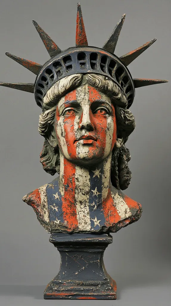 A weathered bust of the Statue of Liberty is depicted, its face and torso adorned with a distressed American flag design.  The statue's crown is intact, but the overall aesthetic suggests age and decay, perhaps symbolizing the passage of time or a sense of historical weight. The bust rests on a dark, similarly aged pedestal.  The colors are muted and the texture appears rough, giving it a vintage or antique feel.