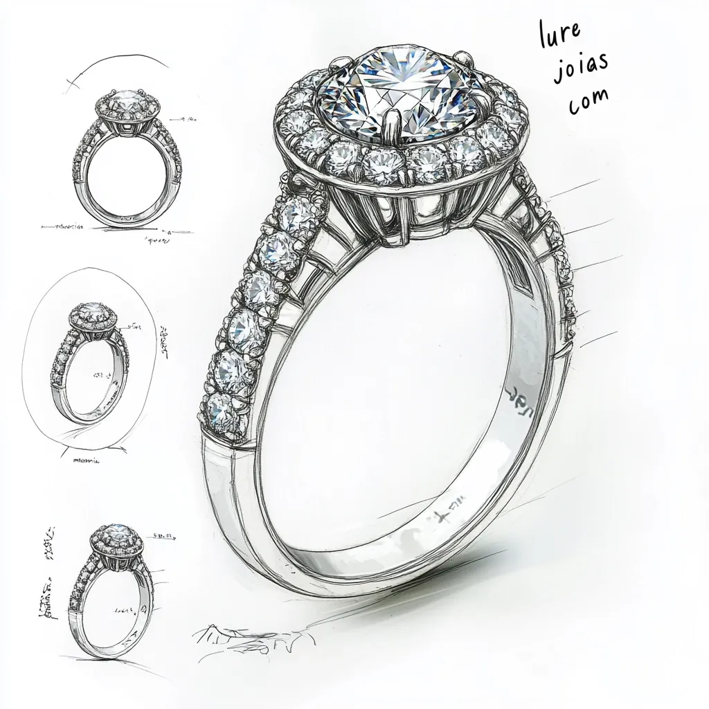 A detailed pencil sketch showcases a diamond ring design.  The central diamond is surrounded by a halo, with additional diamonds lining the band.  Multiple angles and measurements are included in the artist's rendering, indicating a technical design drawing for jewelry creation. The "Lure Joias com" watermark is subtly visible. The sketch provides a clear visualization of the ring's intricate details.