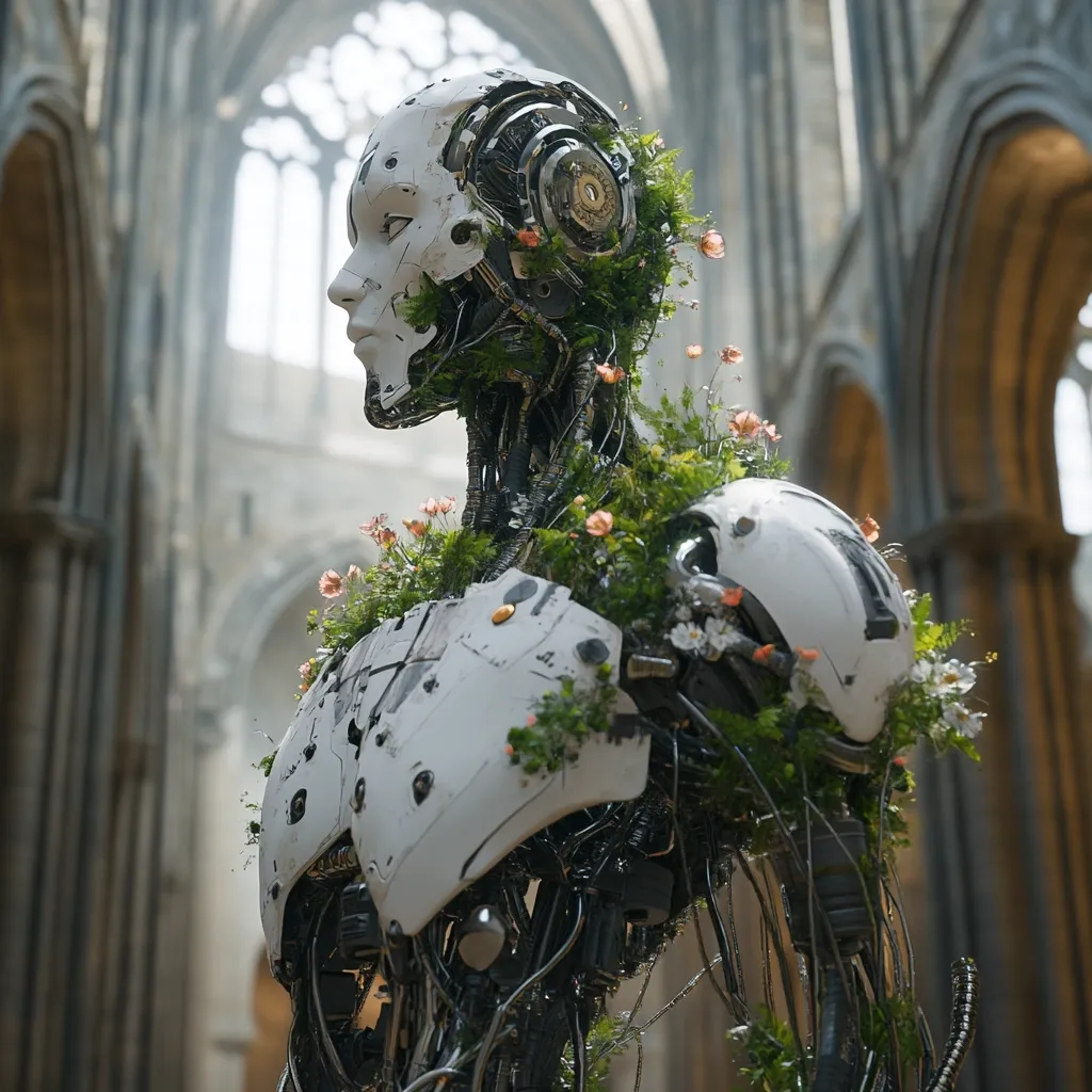 A robotic figure, predominantly white with exposed mechanical components, stands within a gothic cathedral.  Vines and small flowers sprout from its body, creating a striking contrast between organic life and artificial construction. The robot's face is serene, its gaze directed away from the viewer.  The scene evokes a sense of peaceful coexistence between technology and nature within a historical setting.
