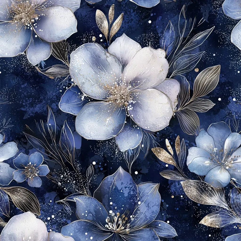 A seamless pattern showcases a watercolor floral design.  Large, stylized blooms in shades of blue and white are accented with gold leaf details and a subtle sparkle effect.  The dark navy background adds depth, creating a luxurious and elegant aesthetic suitable for fabric, wallpaper, or other decorative applications.  The flowers are intricately detailed, with delicate lines and varied textures.