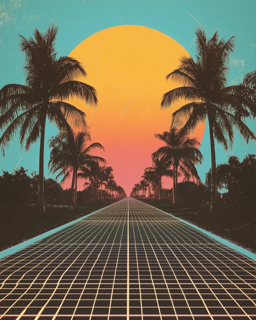 A vibrant, retro-styled image depicts a gridded highway stretching towards a large, orange sunset.  Palm trees line the road, creating a symmetrical, almost idyllic scene. The color palette is reminiscent of 1980s aesthetics, with teal skies and a warm, glowing sun dominating the backdrop. The overall effect is one of nostalgic, dreamy escapism.