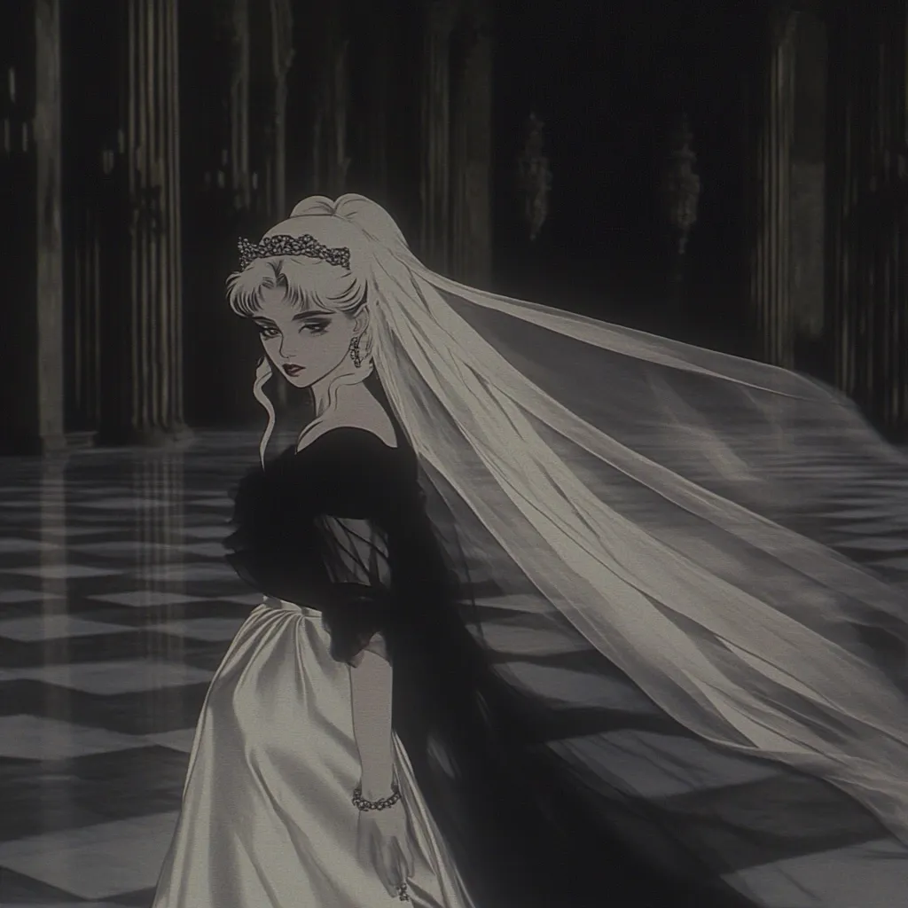 A monochrome anime-style illustration depicts a woman in a wedding dress.  She wears a black, sheer-sleeved bodice over a flowing, light-colored satin skirt.  A long veil trails dramatically behind her.  The crown she wears adds a regal touch.  The background suggests a grand, dark hall with a checkered floor, enhancing the dramatic atmosphere.  Her expression is serious, and the overall style is gothic and elegant.