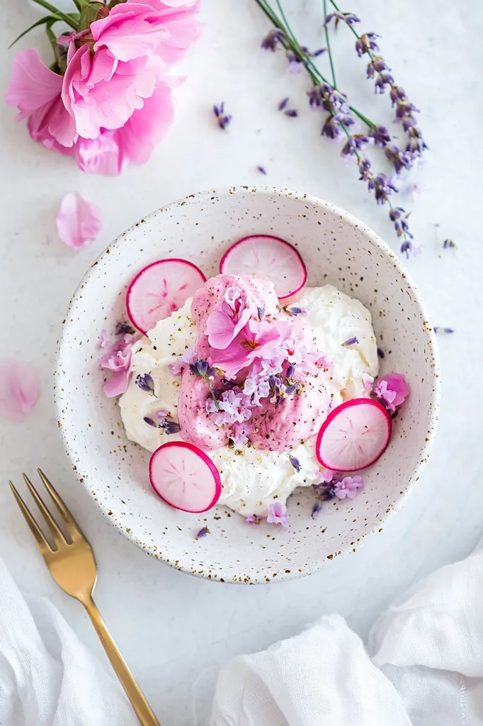 A speckled bowl holds a delicate dessert.  Creamy white ricotta is topped with a vibrant pink lavender mousse, garnished with thinly sliced radishes and fresh lavender blossoms.  Pink peony petals and sprigs of lavender are artfully scattered around the bowl, adding to the elegant presentation. A gold fork rests nearby on a white linen tablecloth.