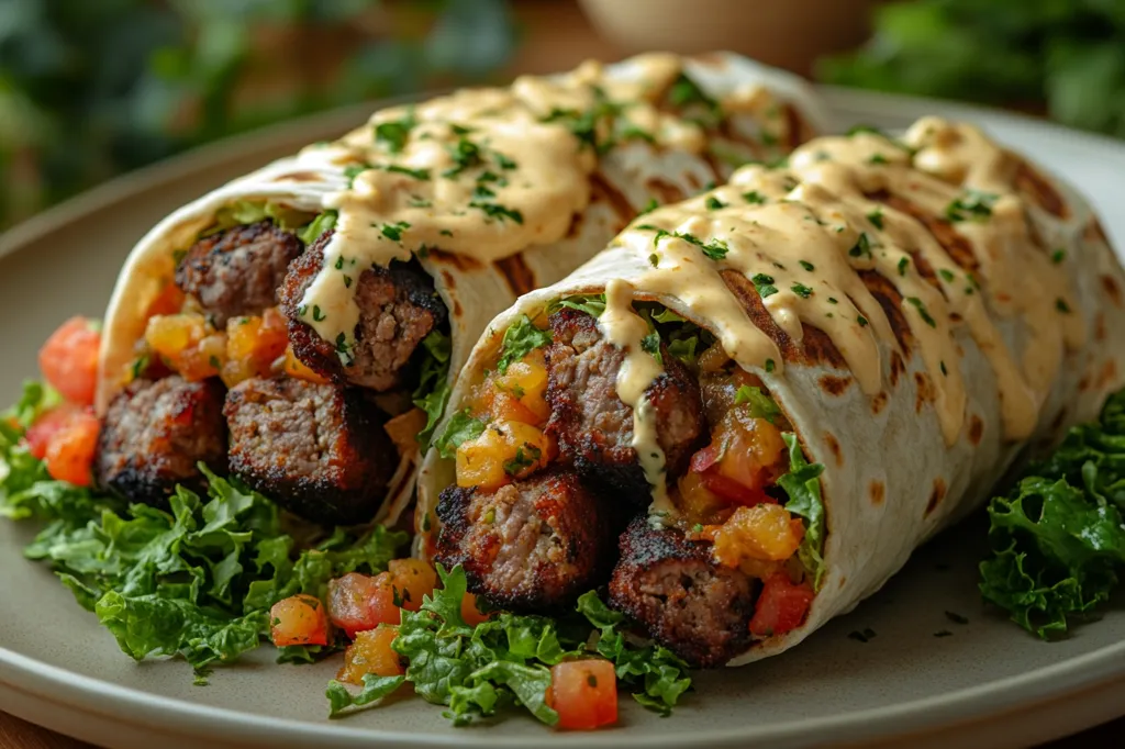 Two delicious-looking burritos are the focus of this close-up shot.  Grilled meat chunks are nestled in a bed of vibrant greens and a fruity salsa, all wrapped in warm tortillas.  A creamy, drizzled sauce adds a touch of richness, while chopped parsley provides a garnish. The burritos rest on a gray plate, suggesting a flavorful and satisfying meal.