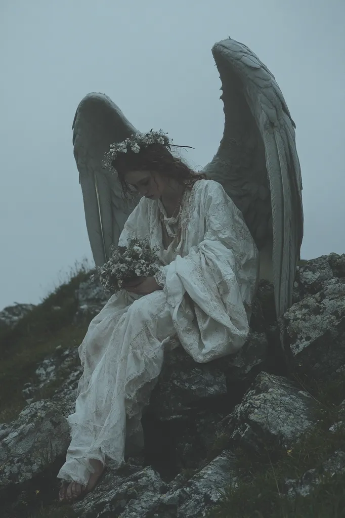 A sorrowful angel, adorned in a white, lace gown and a floral crown, sits perched on a rocky outcrop.  Large, grey wings extend behind her, framing her bowed head as she clutches a small bouquet of flowers.  The scene is shrouded in a muted, melancholic atmosphere, under a grey sky.  The overall mood is one of ethereal sadness and solitude.