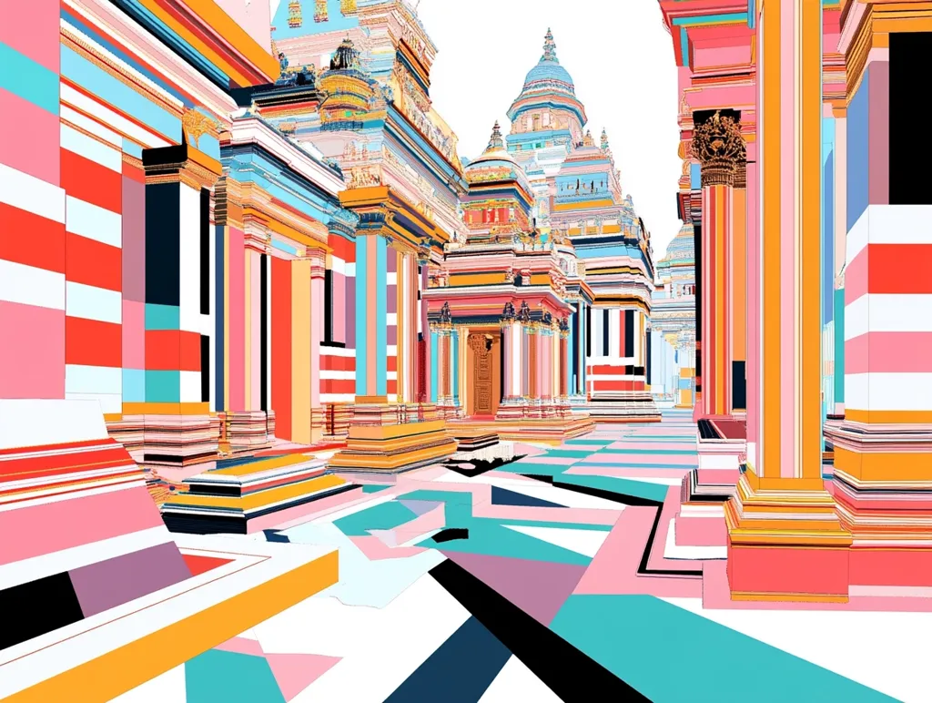 A vibrant, abstract artwork depicts a city scene reminiscent of ancient temples or palaces.  Bold, multicolored stripes and geometric shapes form the buildings and pathways. The architecture is stylized, with columns and domes rendered in a playful, almost distorted manner. The overall effect is one of bright energy and surreal, optimistic architecture.  The color palette is predominantly pinks, oranges, and teals, creating a striking visual contrast.