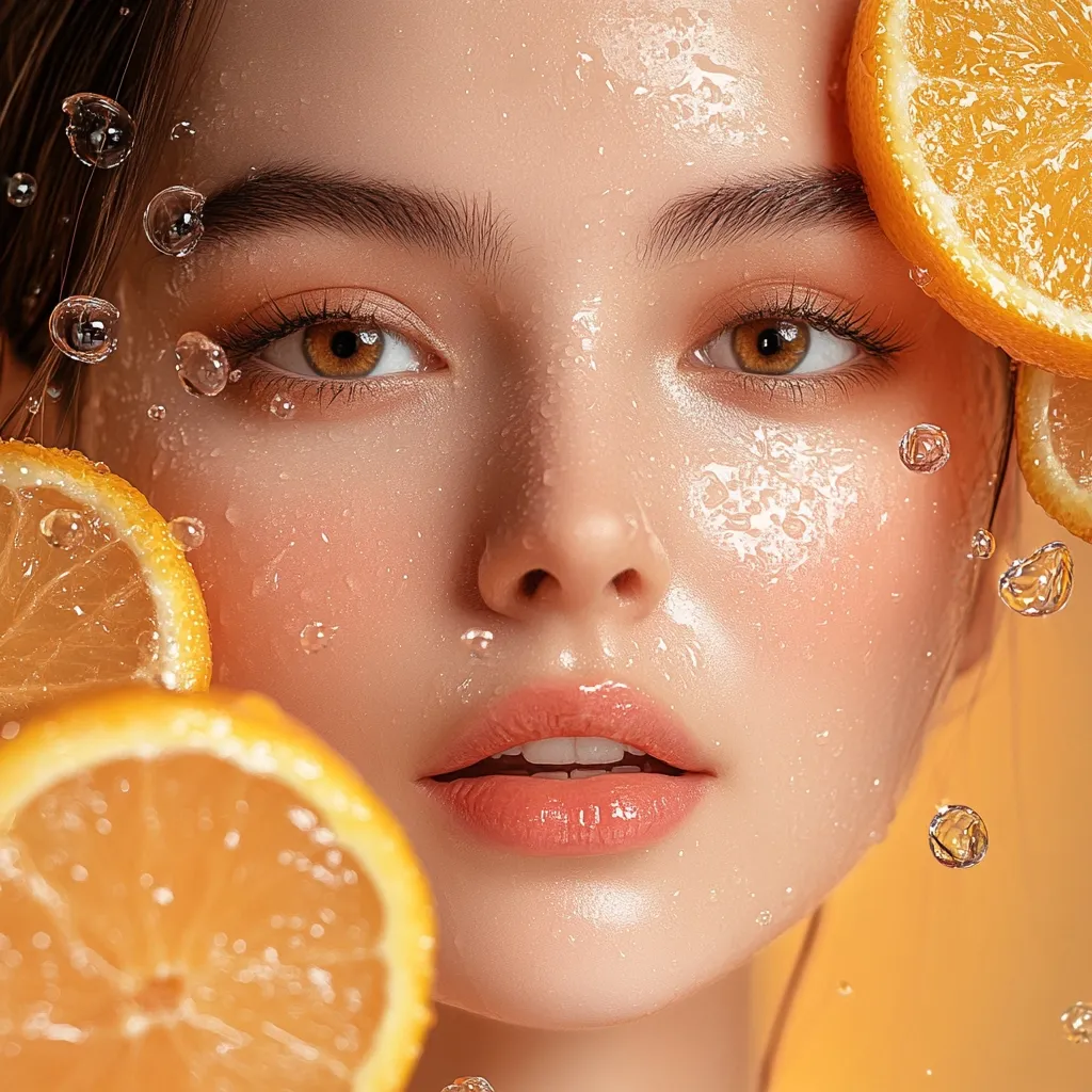 Close-up of a young woman's face, glistening with water droplets.  Slices of oranges are artfully placed around her face, creating a refreshing and vibrant image. Her skin appears luminous and healthy, suggesting a skincare or beauty product advertisement.  The overall effect is one of natural beauty and hydration.