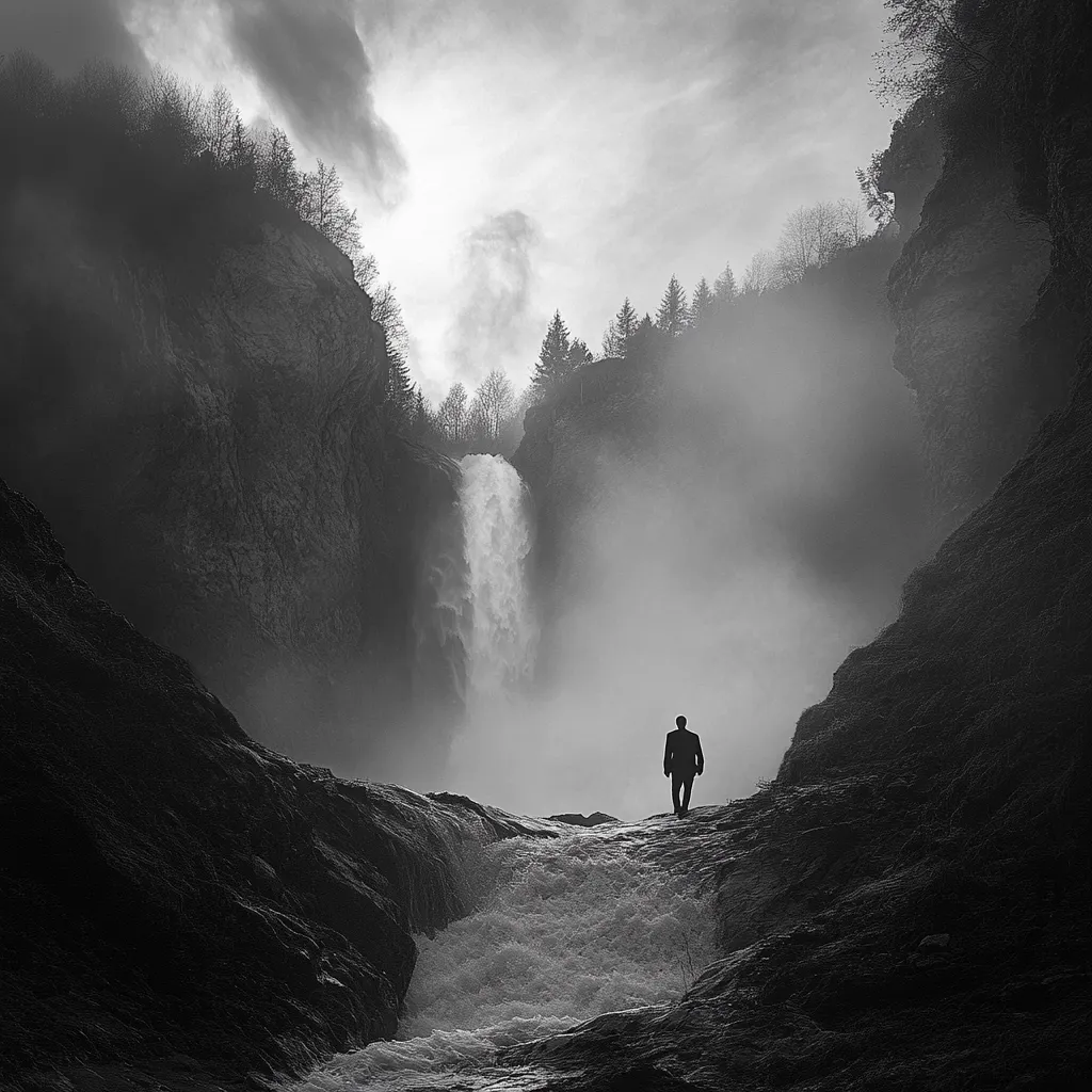 A solitary figure in a suit stands silhouetted against a majestic waterfall cascading between towering, mist-shrouded cliffs.  The monochrome image emphasizes the dramatic contrast between the man's small scale and the immense power of nature. The scene is evocative of contemplation, solitude, and the awe-inspiring beauty of the wilderness.  A sense of mystery hangs in the air, enhanced by the atmospheric fog and the stark black and white palette.