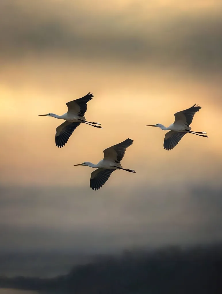Three white egrets soar gracefully against a soft, golden-hued sky.  Their wings are outstretched, catching the light as they fly in formation.  A hazy landscape stretches out below, creating a serene and peaceful atmosphere. The image evokes a sense of freedom and tranquility.