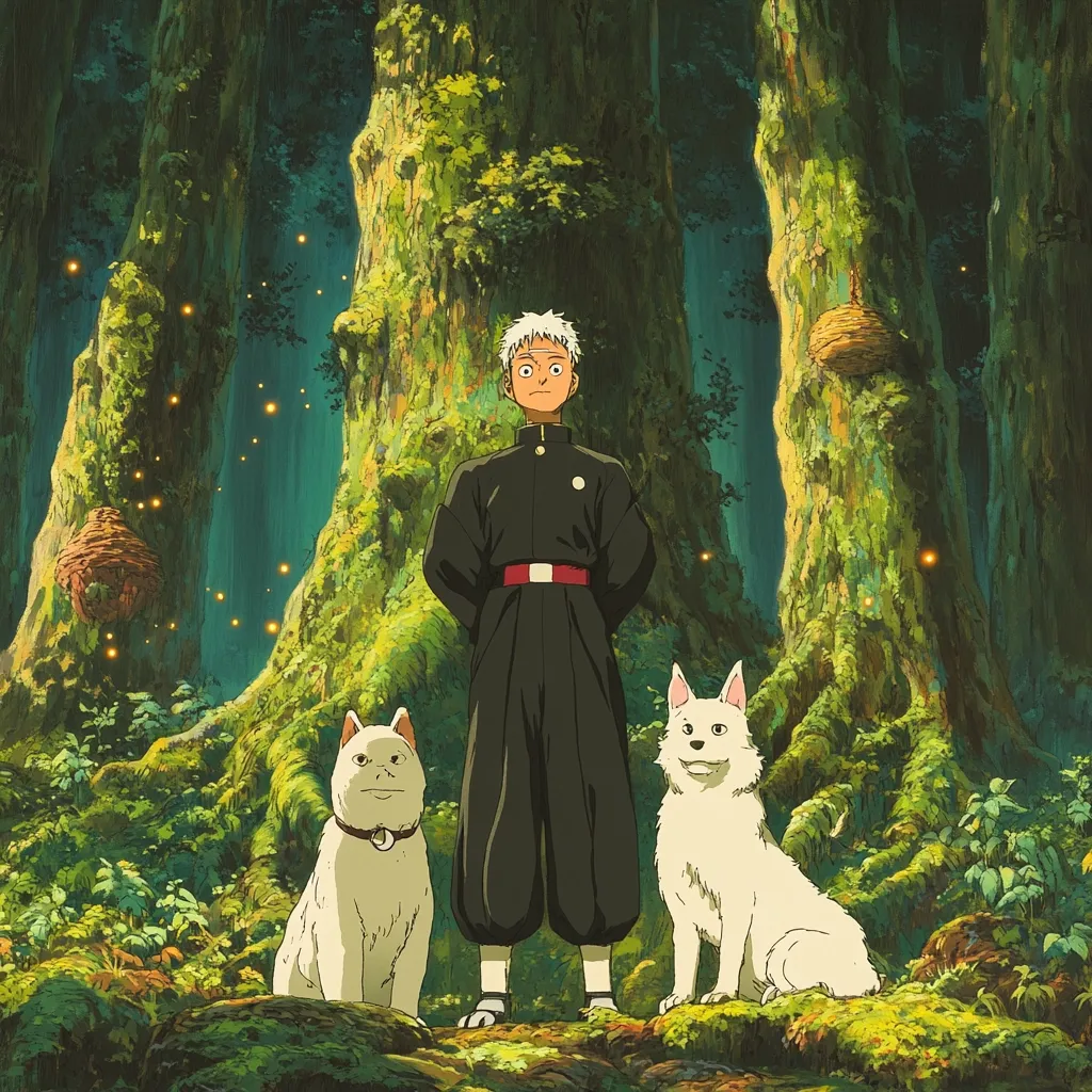 A young man in a dark uniform stands calmly between two fluffy white dogs in a mystical forest.  Giant moss-covered trees loom, fireflies twinkle, and bird nests hang from branches.  The scene is serene and imbued with a magical, otherworldly atmosphere. The image evokes a sense of peace and quietude within a fantastical setting.