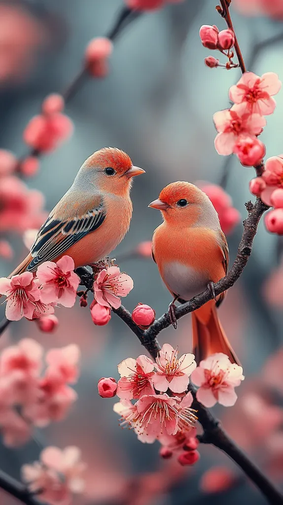 Two vibrant orange and grey birds perch delicately on a blossoming branch.  Pink plum blossoms surround the birds, creating a soft, romantic scene.  The birds are positioned close together, suggesting a pair. The overall image evokes feelings of spring, love, and serenity.  The soft focus and pastel colors contribute to the dreamy atmosphere.