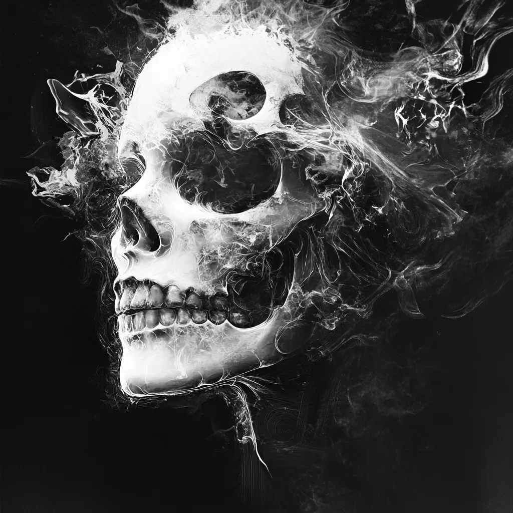 A monochrome digital artwork depicts a skull seemingly dissolving into smoke or mist.  The skull is rendered in a realistic style, contrasted against the ethereal, swirling texture of the surrounding smoke. The overall effect is eerie and evocative, suggesting themes of mortality and the ephemeral nature of life.  The dark background enhances the skull's stark presence.