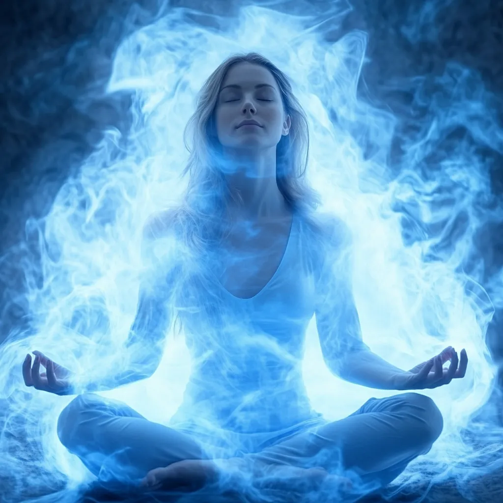 A serene woman with blonde hair sits in a lotus position, enveloped in ethereal, glowing blue smoke.  Her eyes are closed, suggesting a state of deep meditation or tranquility. The image evokes a sense of peace, spirituality, and connection to a higher power or energy. The blue smoke creates a mystical and otherworldly atmosphere.