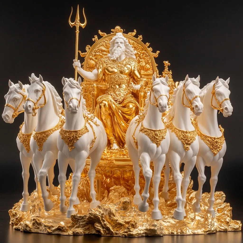 A majestic statue depicts Poseidon, the Greek god of the sea, seated on a golden throne and drawn by six white horses.  Poseidon holds his trident, his figure regal and powerful.  The horses, adorned with gold harnesses, pull the chariot across a base sculpted to resemble golden waves.  The entire piece is a striking combination of gold and white, showcasing impressive craftsmanship and detail.