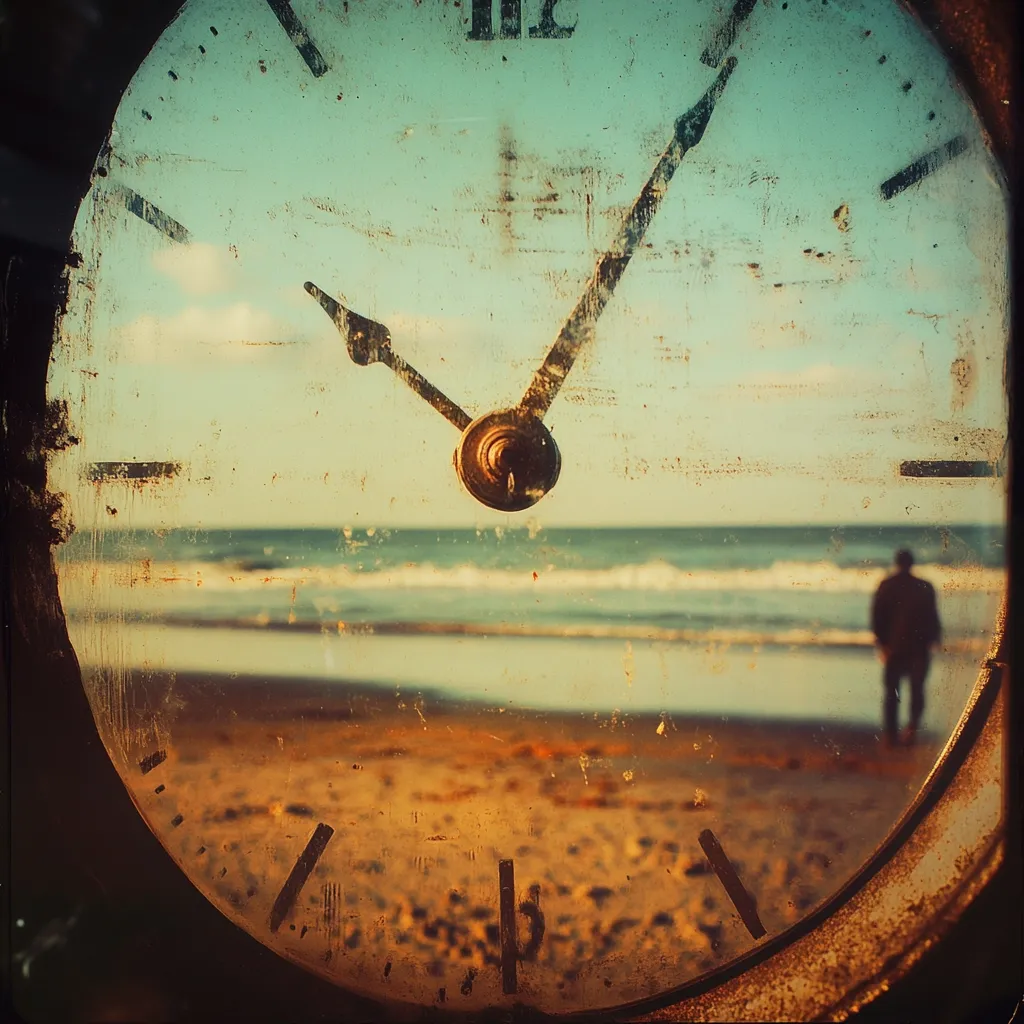 A weathered clock face reveals a tranquil beach scene through its glass.  The clock hands point towards a blurred figure standing on the sandy shore, gazing at the ocean. The image evokes a sense of time passing, serenity, and contemplation. The vintage aesthetic adds a nostalgic and slightly melancholic feel.