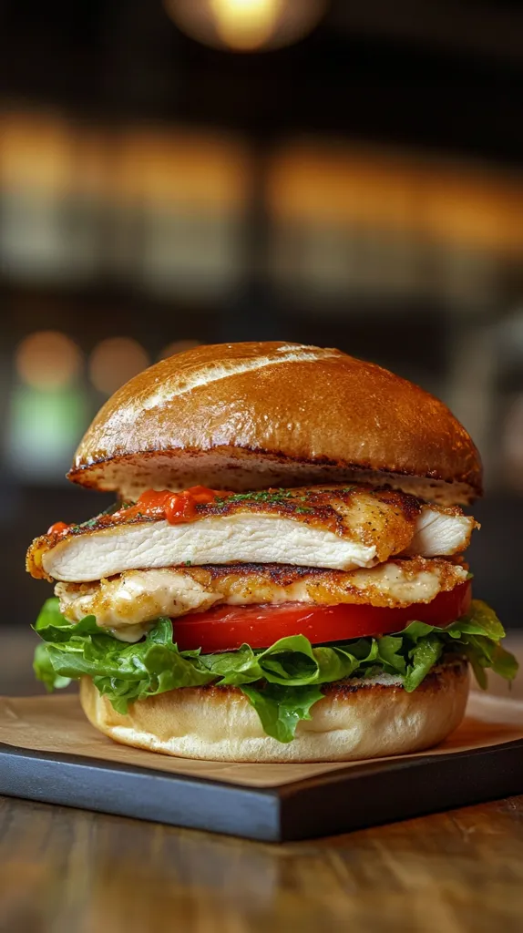 A delectable grilled chicken sandwich is artfully presented.  The juicy chicken breast is layered on a toasted pretzel bun with crisp lettuce, a ripe tomato slice, and a vibrant red sauce.  The sandwich sits on a dark wooden board, creating a visually appealing contrast against the warm lighting of the background.