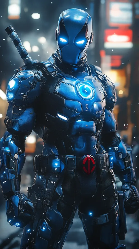 A futuristic depiction of Deadpool is shown.  Clad in sleek, blue, armored plating with glowing blue accents, he stands in a dimly lit city setting.  The suit is highly detailed, exhibiting a technological aesthetic.  A katana is sheathed on his back.  The overall image is dark and gritty, enhancing the cyberpunk feel.