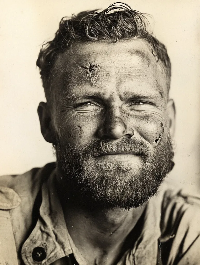 A black and white close-up portrait captures a man's weathered face.  His skin is marked with dirt and what appear to be healed wounds, suggesting a life of hardship.  He sports a thick, unkempt beard and his eyes hold a hint of weariness, yet his expression remains surprisingly gentle.  The photograph's vintage quality enhances the subject's rugged charm.