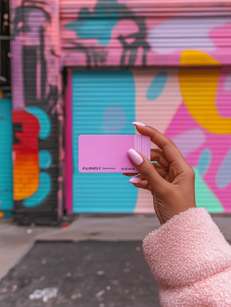A hand with light pink nails holds up a pink card against a backdrop of a vibrantly painted, colorful wall. The wall features a mix of pink, teal, yellow, and black abstract shapes and graffiti-style designs. The card is slightly out of focus, drawing attention to the bold colors of the urban art. The overall aesthetic is playful and trendy.