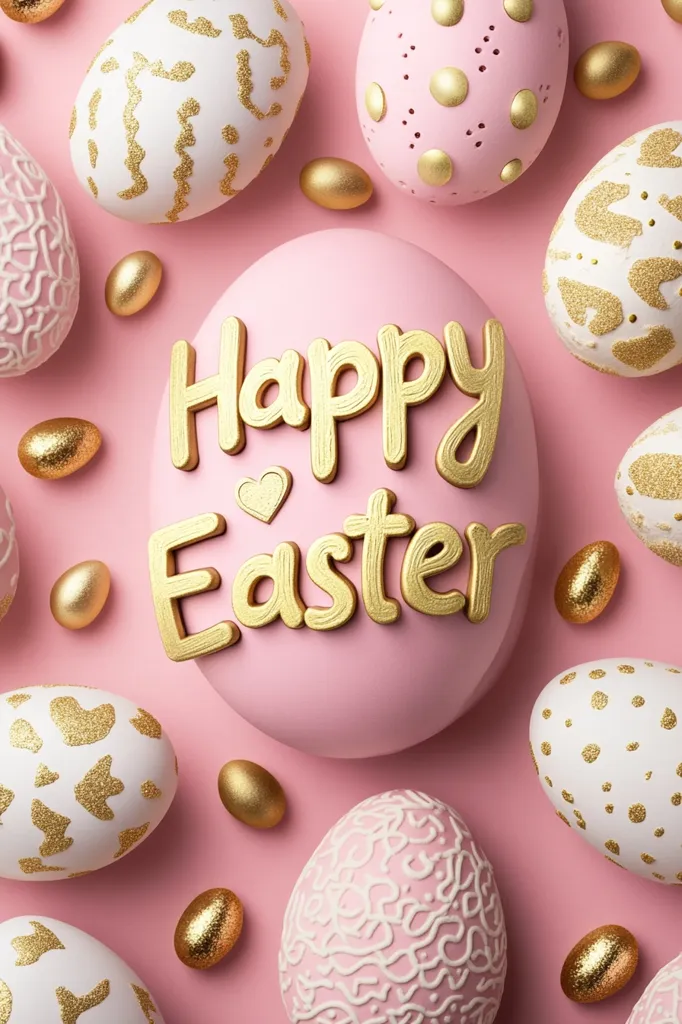 A pink background is adorned with decorative Easter eggs in shades of pink and white, accented with gold glitter.  A large pink egg in the center features the words "Happy Easter" in gold lettering. Smaller gold eggs are scattered amongst the larger ones, creating a festive and elegant Easter display.