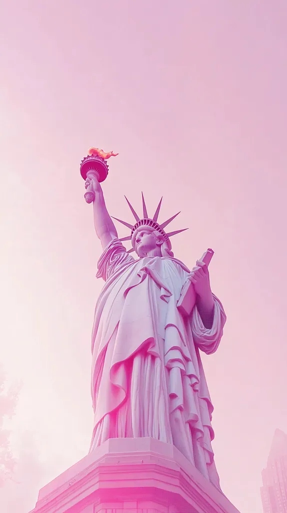 A low-angle, close-up shot of the Statue of Liberty, rendered in a vibrant pink hue.  The statue, bathed in a soft, pastel light, stands majestically against a similarly colored sky. The details of her robe and crown are clearly visible, enhanced by the color grading. The image evokes a dreamy, almost surreal atmosphere.  The torch is held aloft, a symbol of freedom and hope.