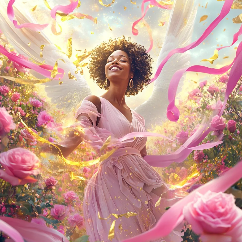 A Black woman with curly hair, wearing a flowing pink dress, smiles serenely.  Large white wings extend behind her, amidst a vibrant garden of pink roses and golden ribbons swirling in the air.  The scene is ethereal and radiant, filled with light and a sense of joy and peace.  Gold flecks illuminate the image, enhancing its magical atmosphere.