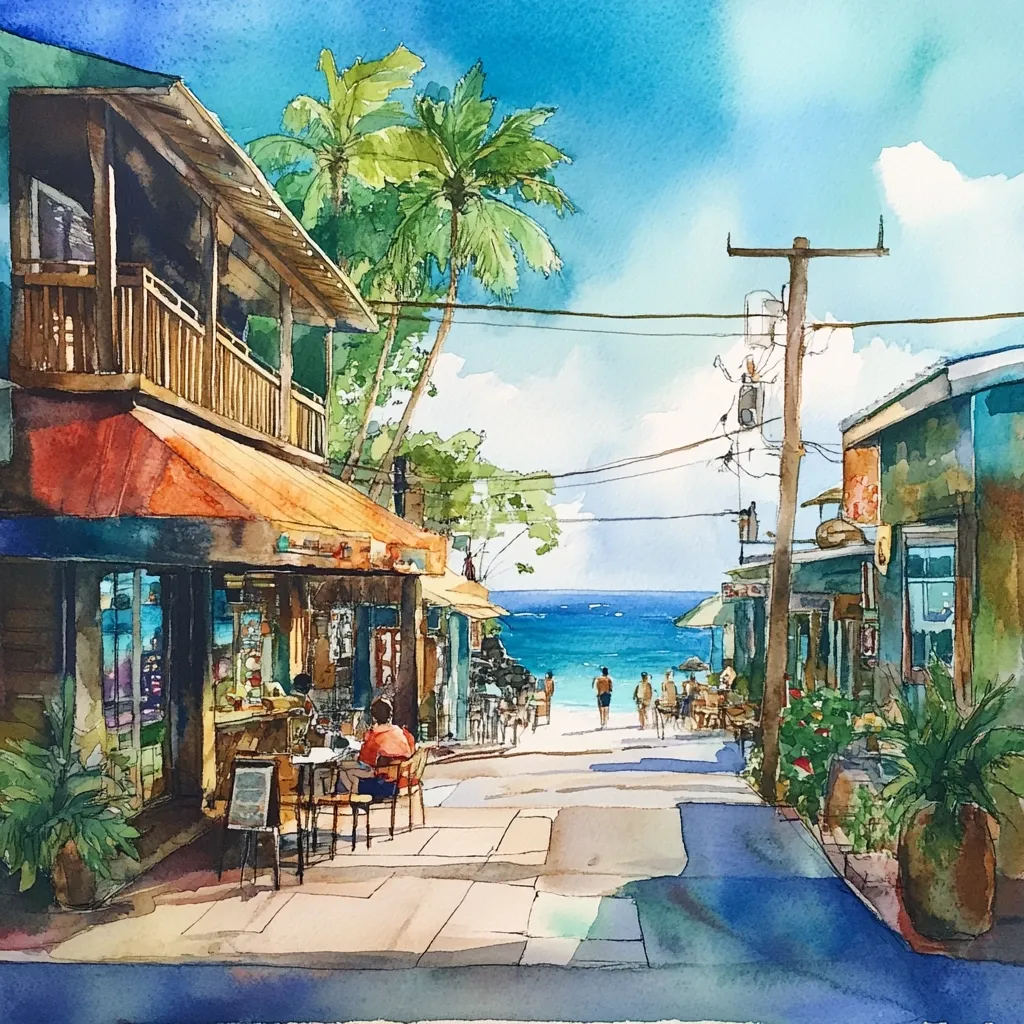 A vibrant watercolor painting depicts a tropical street scene.  Sun-drenched buildings with awnings line the path, leading to a calm ocean view. People relax at outdoor cafes, enjoying the sunny day. Lush palm trees and tropical plants add to the idyllic ambiance. The artist masterfully uses light and shadow to create a sense of depth and warmth, capturing the essence of a tranquil coastal town.
