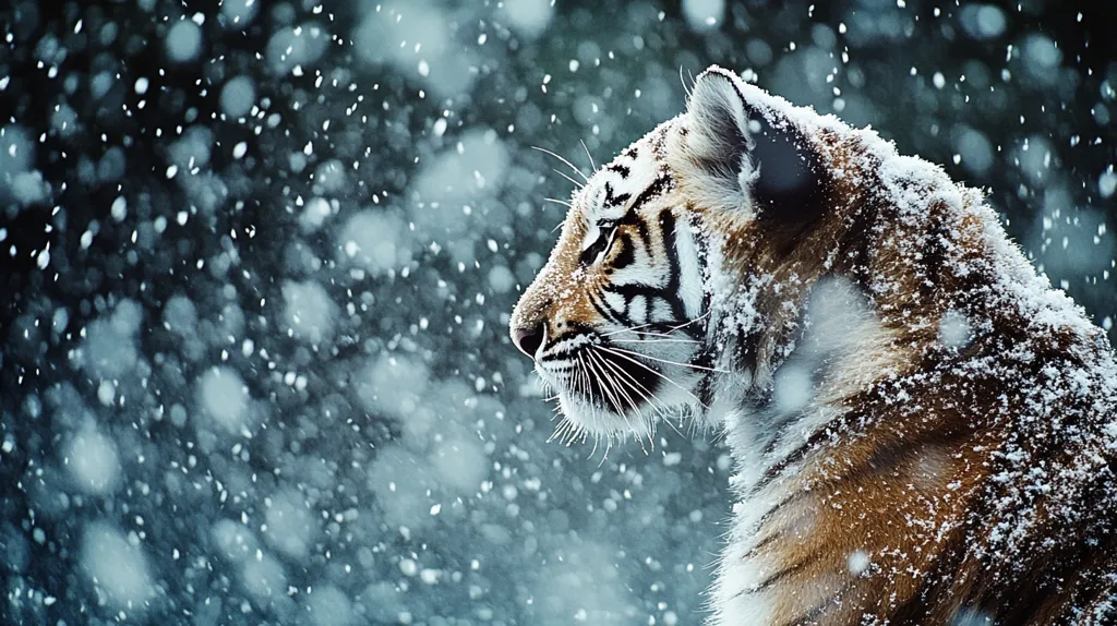 A majestic tiger stands in a snowstorm, its orange and black stripes dusted with snowflakes.  The tiger's profile is sharply defined against the blurred background of falling snow.  Its gaze is directed to the side, conveying a sense of alertness and power amidst the wintery scene. The falling snow creates a soft, ethereal atmosphere.
