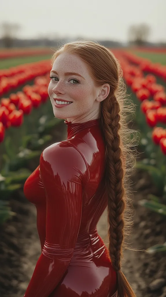 A redhead woman with freckles smiles over her shoulder, standing amidst a field of red tulips. She wears a form-fitting, shiny red latex jumpsuit and a long braid. The contrast between the vibrant red of her outfit and the flowers creates a striking image.  Her expression is joyful and confident. The overall mood is one of playful sensuality against a naturally beautiful backdrop.