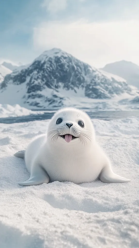 An adorable white seal pup sits in the snow, its tongue playfully sticking out.  The background features a majestic snowy mountain range under a bright, clear sky. The fluffy seal pup is the central focus, its innocent expression captivating.  The scene is peaceful and serene, evoking a sense of arctic beauty.
