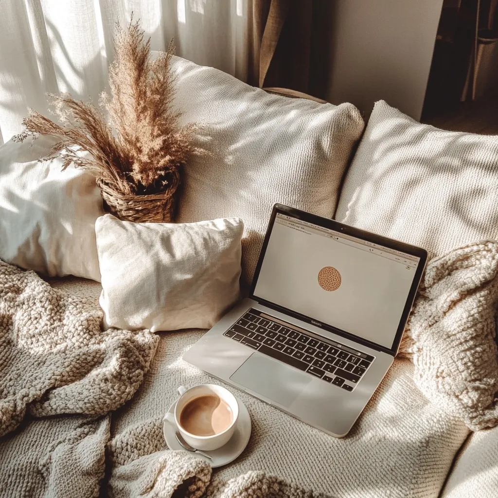 A cozy scene featuring a laptop resting on a cream-colored couch, draped with a chunky knit throw.  A cup of coffee sits beside it.  A vase of dried pampas grass adds to the warm, inviting atmosphere, complemented by soft, natural light. The overall aesthetic is calm and tranquil.