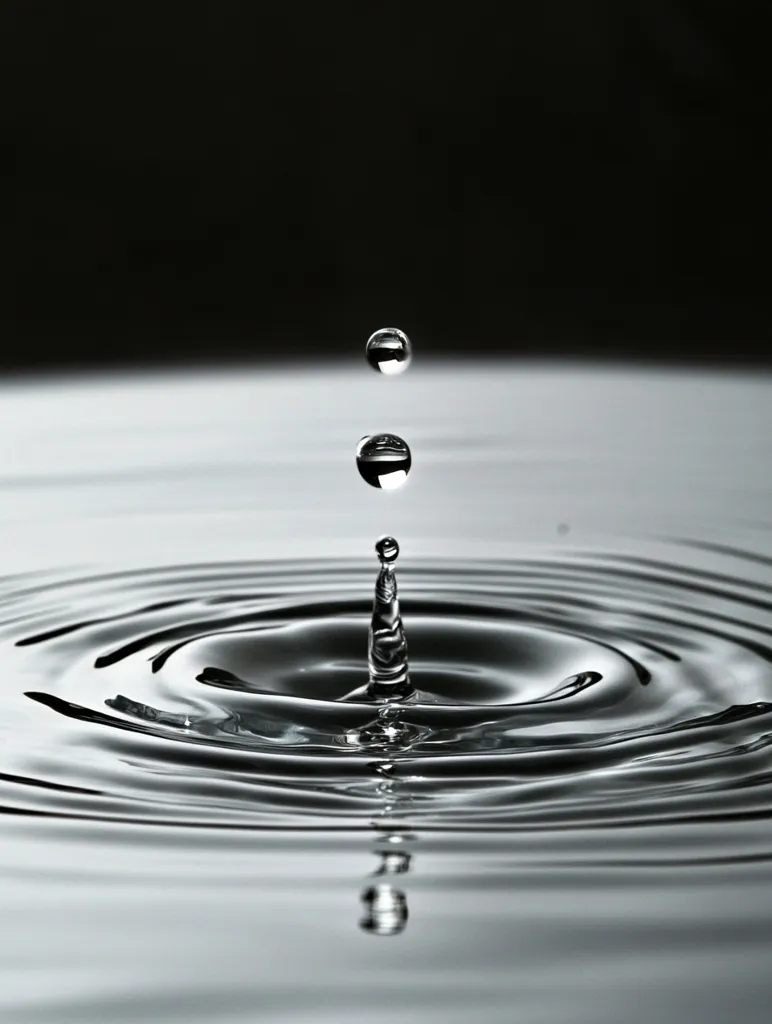 A black and white close-up captures the moment a water droplet impacts a still surface.  Two smaller droplets are suspended in mid-air above the main droplet, which creates concentric ripples spreading outward. The contrast between the dark background and the reflective water enhances the image's visual impact, highlighting the dynamic beauty of a simple event.