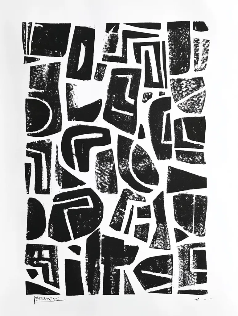 A black and white abstract print features a dense composition of irregular geometric shapes.  The shapes interlock and overlap, creating a textured, almost mosaic-like effect.  The black ink is applied with a visible, slightly rough texture, suggesting a printmaking technique like linocut or woodblock.  The overall impression is bold, graphic, and slightly primitive.  The artist's signature is subtly placed in the bottom left corner.