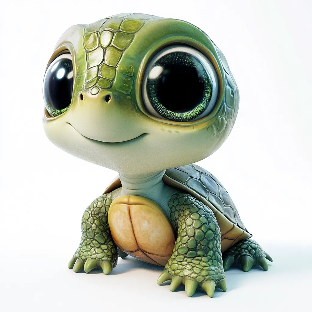 A charming, cartoonish baby sea turtle is depicted.  Its large, expressive eyes and endearing smile are prominent features.  The turtle's shell is textured, showcasing a realistic rendering of scales.  The overall style is cute and appealing, ideal for children's illustrations or animation.  The turtle is presented against a clean white background, highlighting its adorable form.