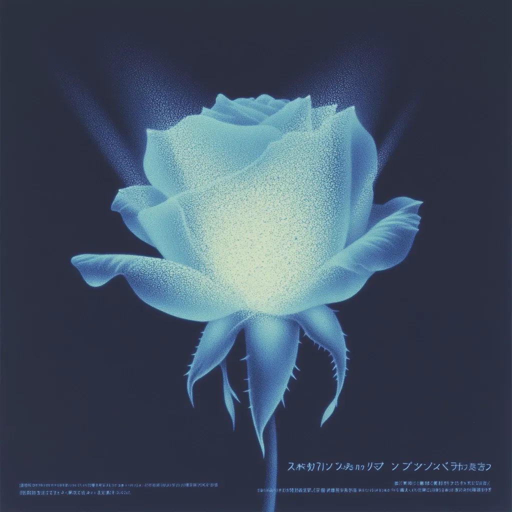 A stylized image of a single blue rose, rendered in a pointillist technique.  The rose glows softly from within, with subtle light emanating from its center. The background is a dark blue, contrasting with the ethereal luminescence of the flower. The image has a dreamy, almost otherworldly quality.  Japanese text is visible at the bottom.