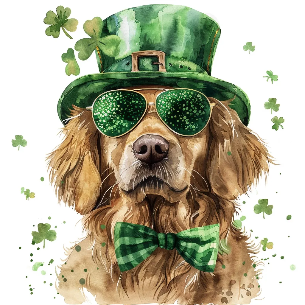 A watercolor painting depicts a Golden Retriever dressed in St. Patrick's Day attire.  The dog wears a green leprechaun hat, sparkly green sunglasses, and a green plaid bow tie.  Shamrocks and green splatters surround the dog, adding to the festive feel. The dog's expression is calm and endearing.
